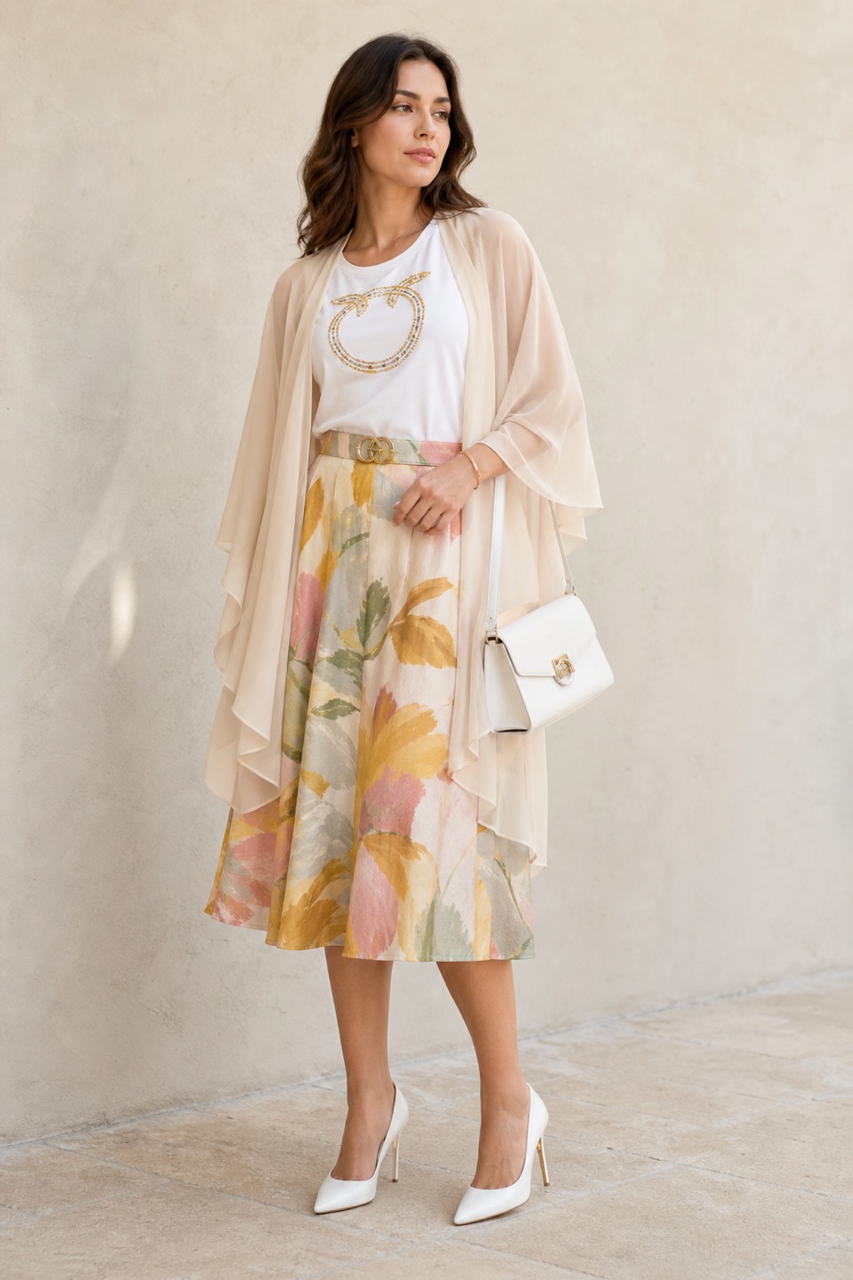 Outfit with White Gold-Appliqué Draped T-Shirt, Multicolor Linen A-Line with Belt Skirt, White Pointed-Toe Stiletto Pump curated by @dopasnap