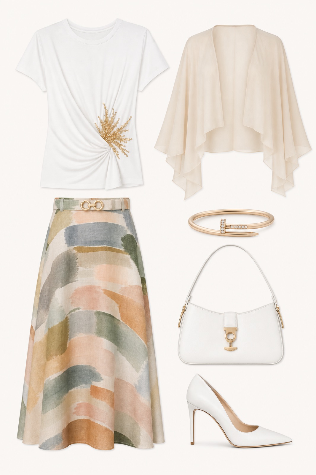 Outfit with White Gold-Appliqué Draped T-Shirt, Multicolor Linen A-Line with Belt Skirt, White Pointed-Toe Stiletto Pump curated by @dopasnap
