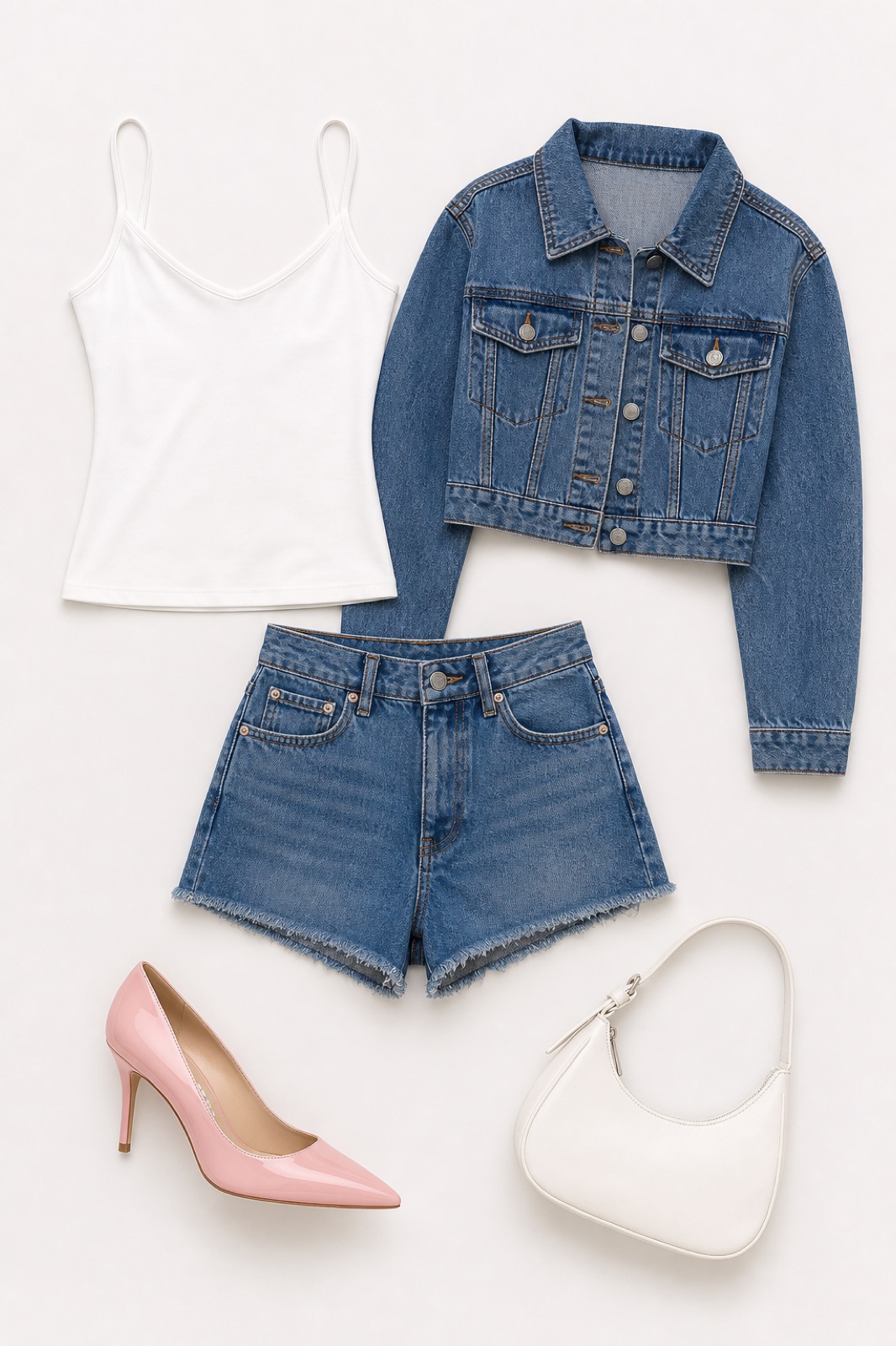 Outfit with White Camisole Tank Top, Denim Shorts, Cropped Denim Jacket curated by @dopasnap