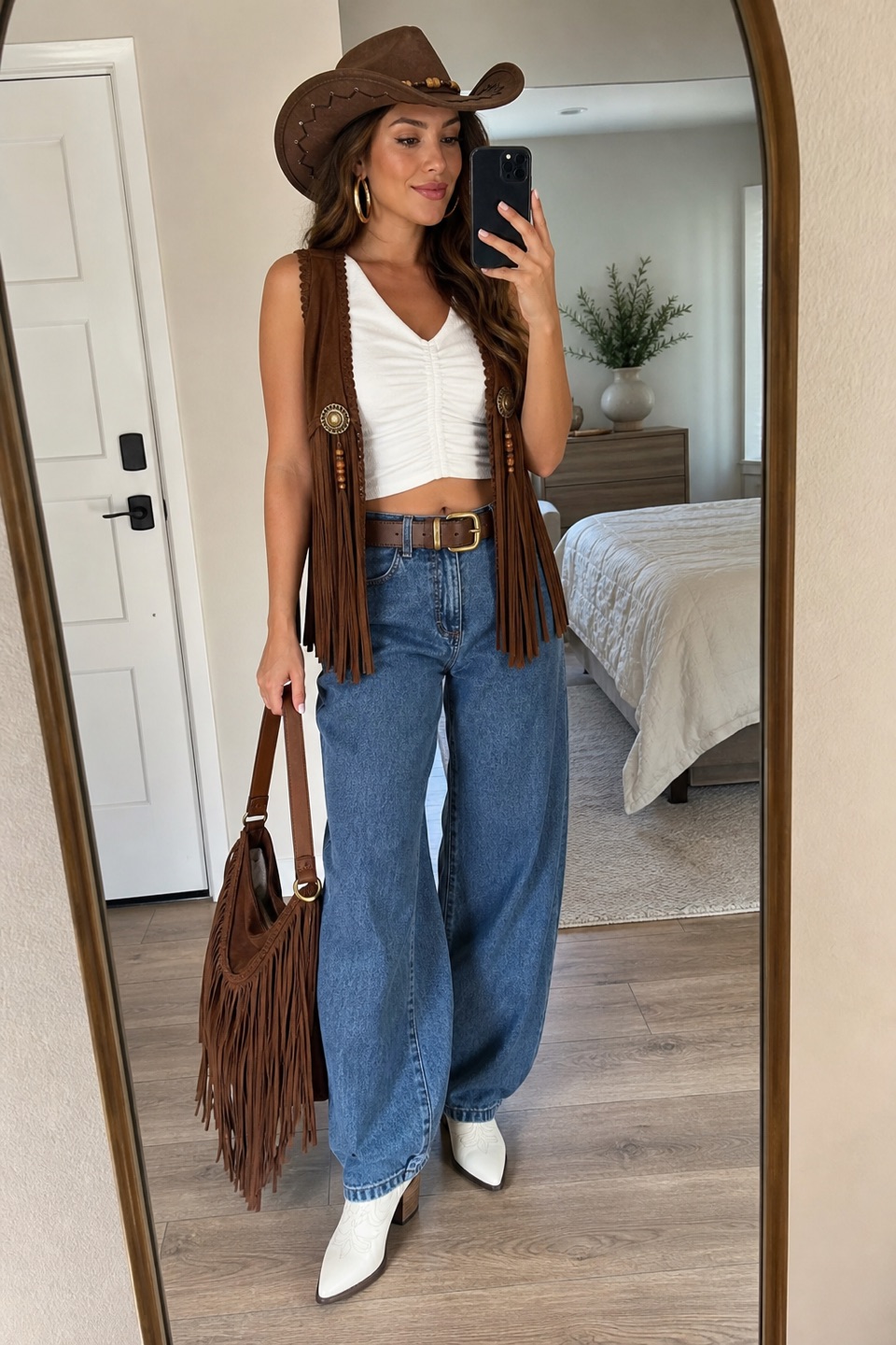 Outfit with Lab Diamond Channel Hoop Earrings, 14K Gold Plated | 1/4 ct, White ruched sleeveless crop tank top, Brown Belt women with Gold Buckle for Jeans Dress Leather Belts curated by @dopasnap