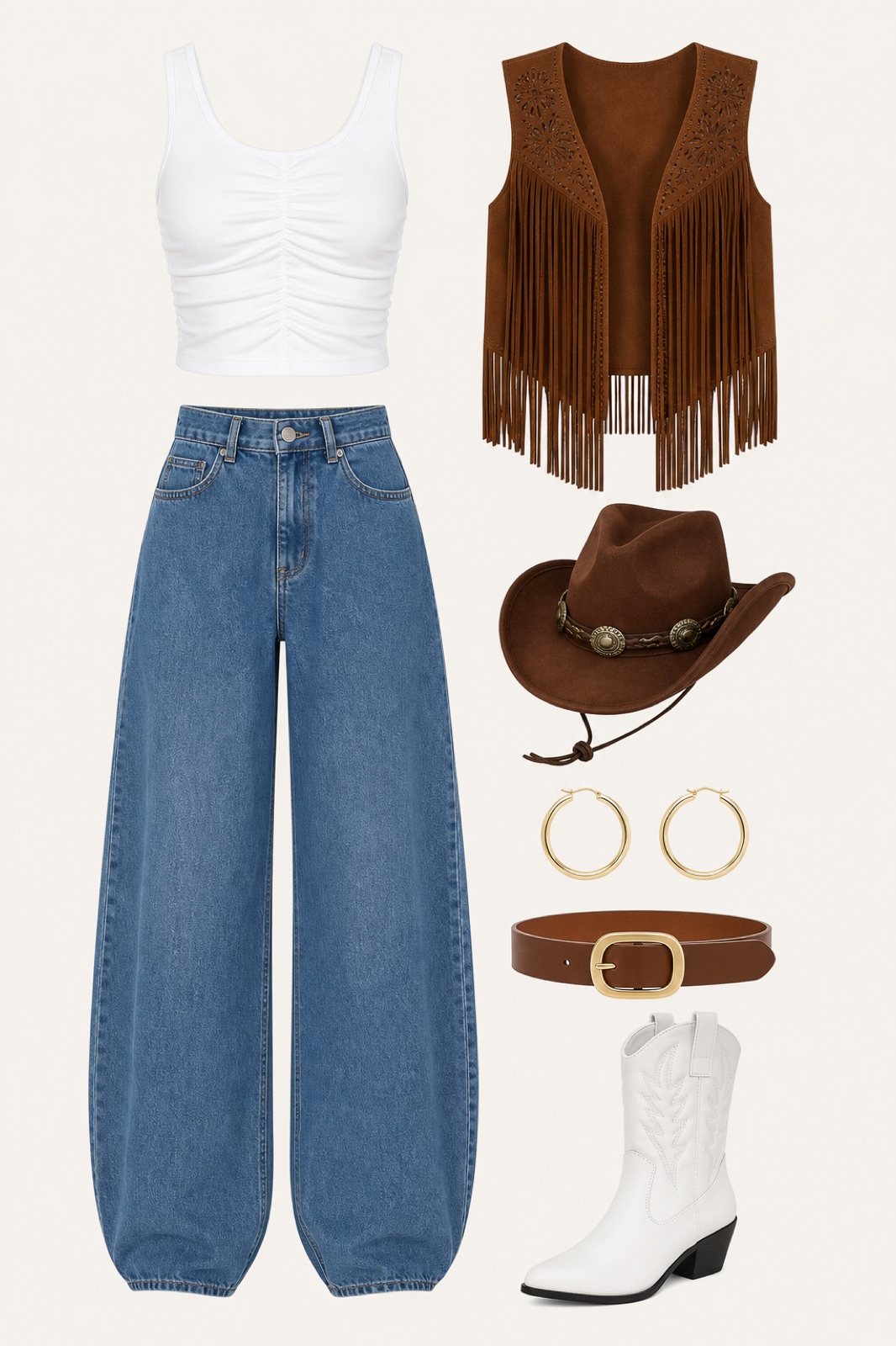 Outfit with Lab Diamond Channel Hoop Earrings, 14K Gold Plated | 1/4 ct, White ruched sleeveless crop tank top, Brown Belt women with Gold Buckle for Jeans Dress Leather Belts curated by @dopasnap