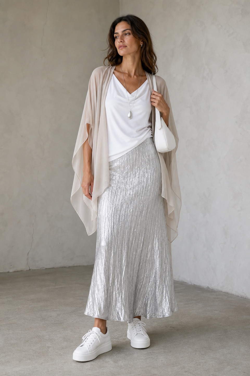 Outfit with White Draped Linen Tank Top, Silver Skirt, White Platform Sneakers curated by @dopasnap