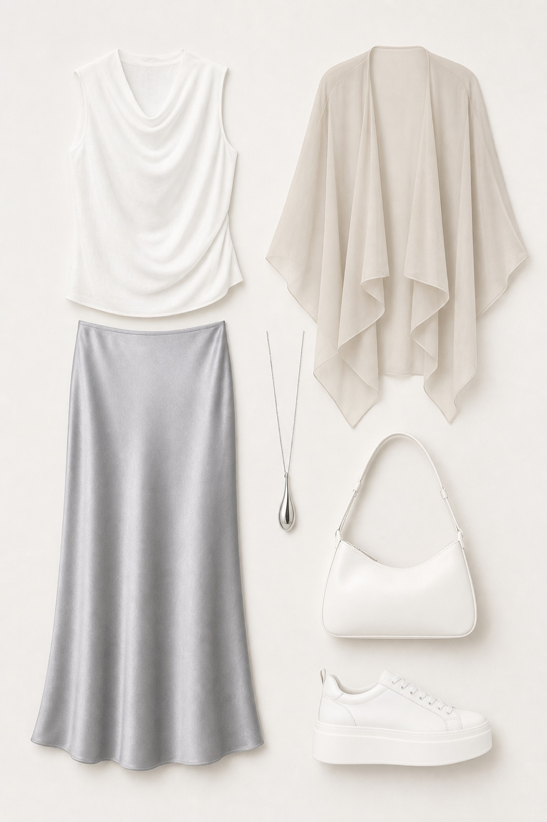 Outfit with White Draped Linen Tank Top, Silver Skirt, White Platform Sneakers curated by @dopasnap