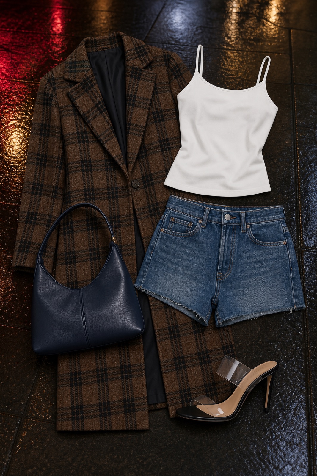 Outfit with White Camisole Tank Top, Denim Shorts, Brown Plaid Longline Wool-Blend Coat curated by @dopasnap
