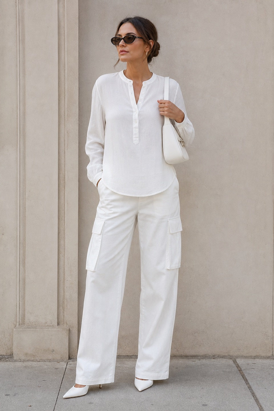Outfit with White Blouse, White Cargo Pants, White Pointed-Toe Pumps curated by @dopasnap