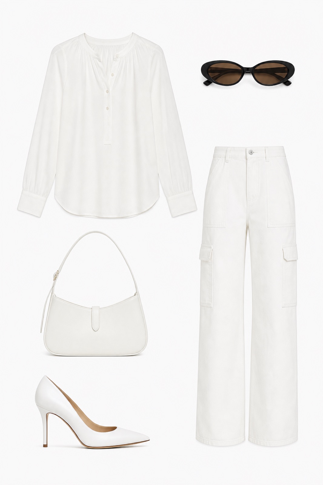 Outfit with White Blouse, White Cargo Pants, White Pointed-Toe Pumps curated by @dopasnap
