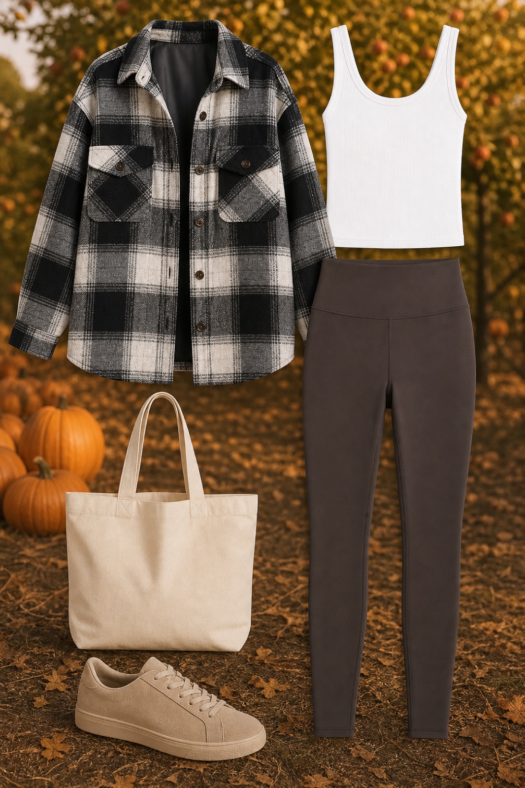 Outfit with White Tank Top, Black-and-White Plaid Flannel Shacket, Blisset Leggings de cintura alta para mujer, opacos, suaves, con control de abdomen, pantalones atléticos para yoga, correr, entrenamiento y gimnasio curated by @dopasnap