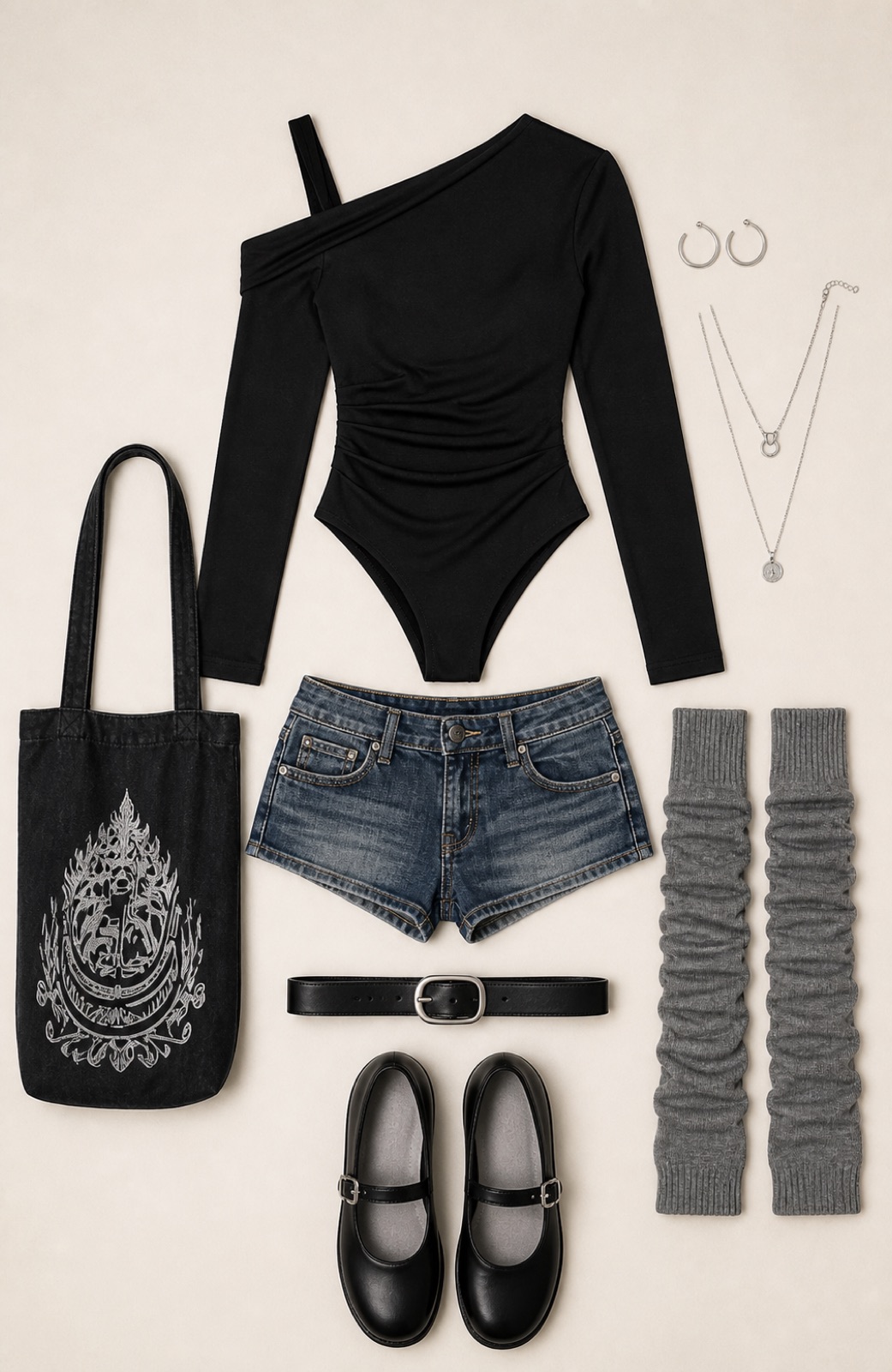 Outfit with Black Asymmetrical Bodysuit, Indigo Denim Shorts, Grey Leg Warmers curated by @dopasnap