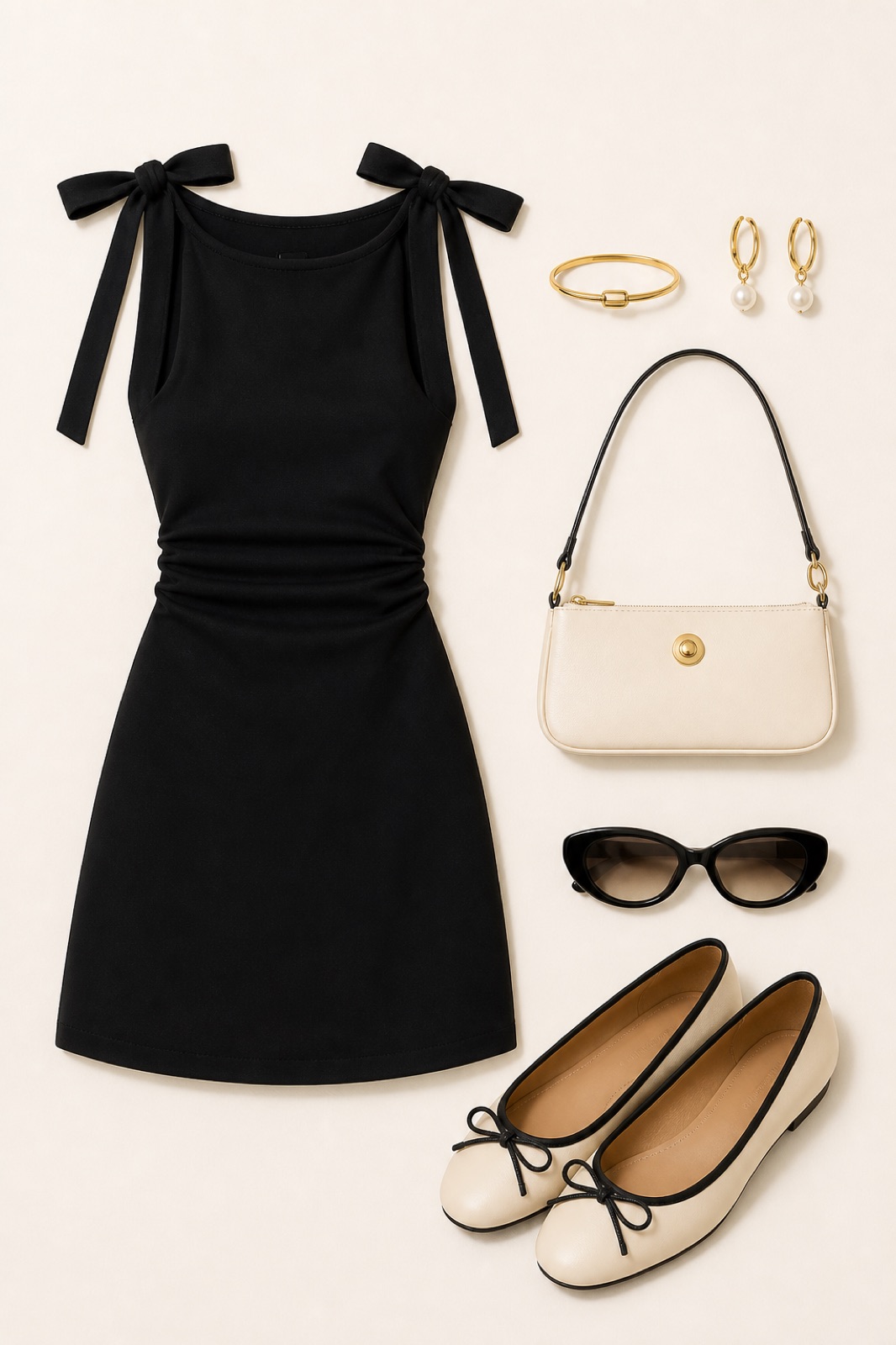Outfit with Black bow-shoulder ruched mini dress, Ivory rectangular shoulder bag with black strap, Ivory ballet flats with black piping and bows curated by @dopasnap