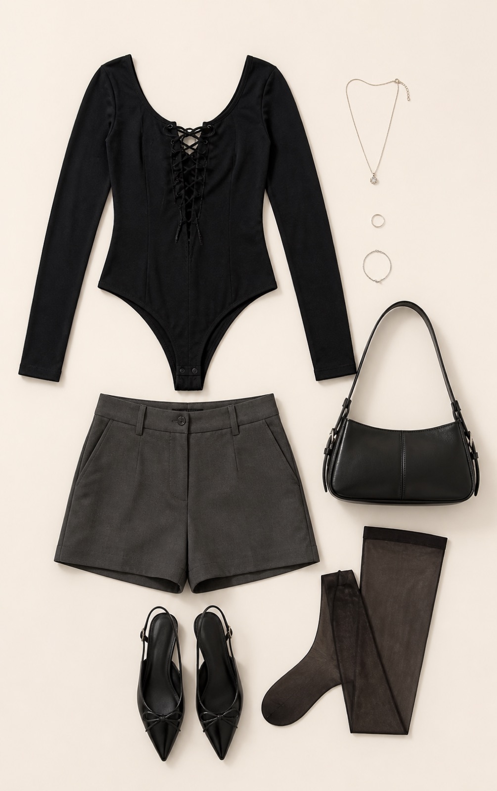 Outfit with Black Lace-Up Bodysuit, Charcoal Tailored Shorts, Sheer Tights curated by @dopasnap