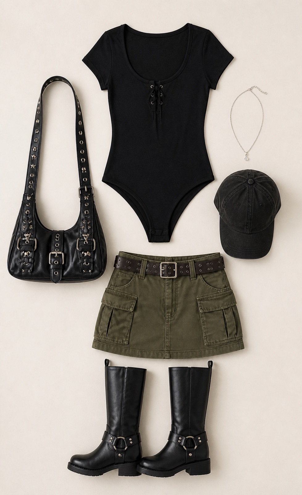 Outfit with Black Lace-Up Bodysuit, Olive Utility Mini Skirt, Black Knee Boots curated by @dopasnap
