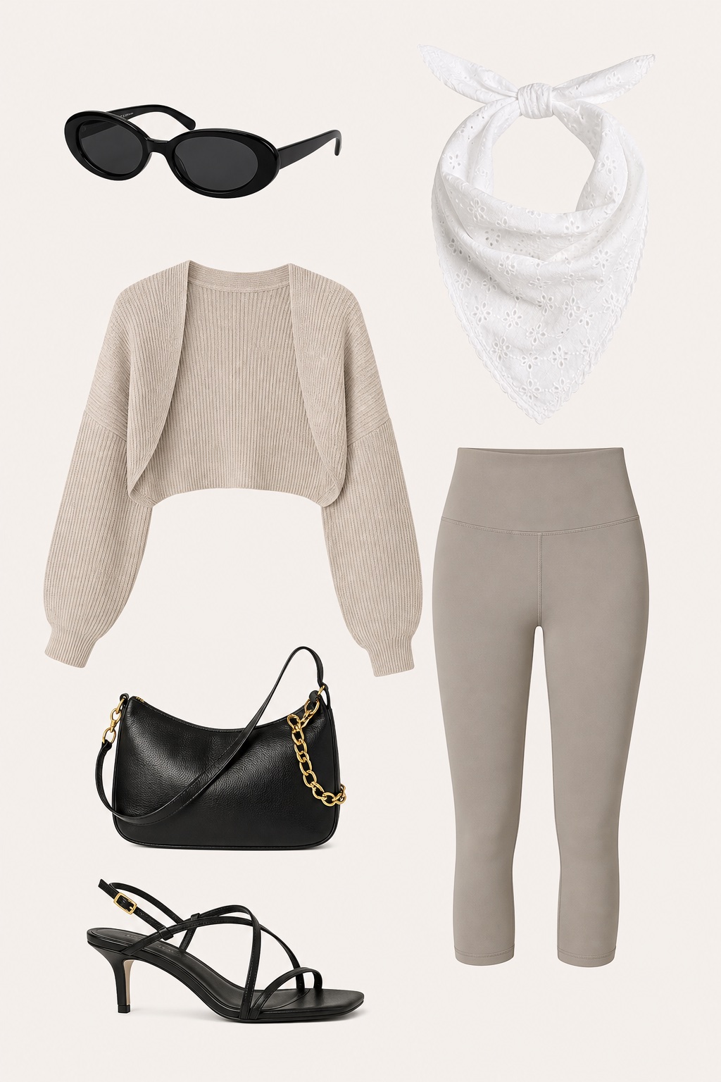 Outfit with Black oval frame dark tinted sunglasses, Black leather shoulder bag with gold chain hardware, White eyelet cotton scarf bandana curated by @dopasnap
