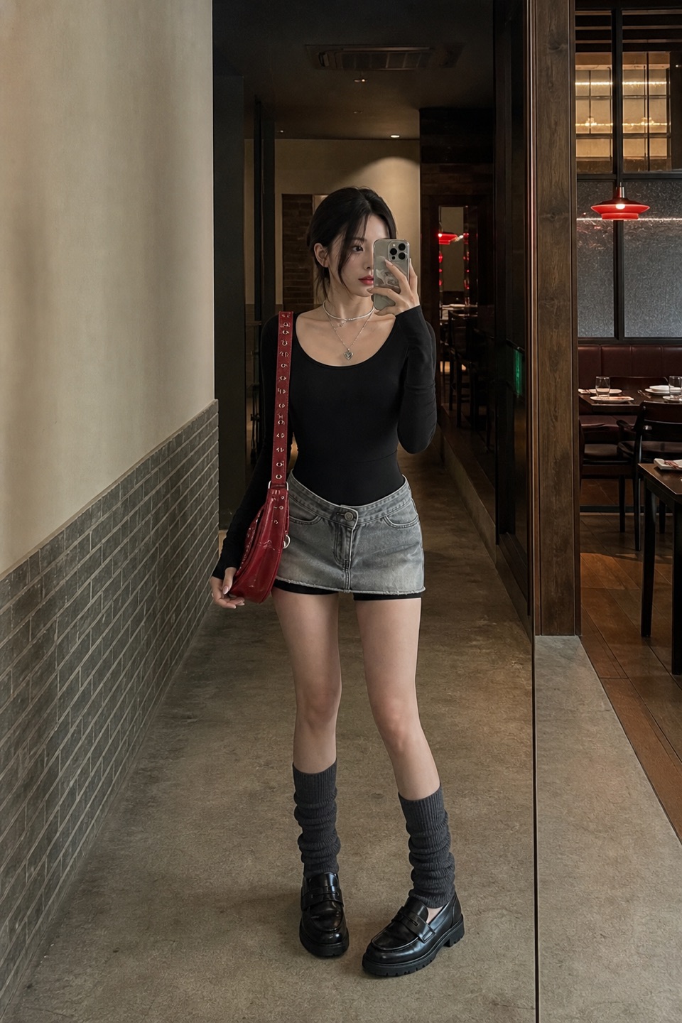 Outfit with Black Scoop Bodysuit, Grey Mini Skirt With Safety Shorts, Charcoal Leg Warmers curated by @dopasnap
