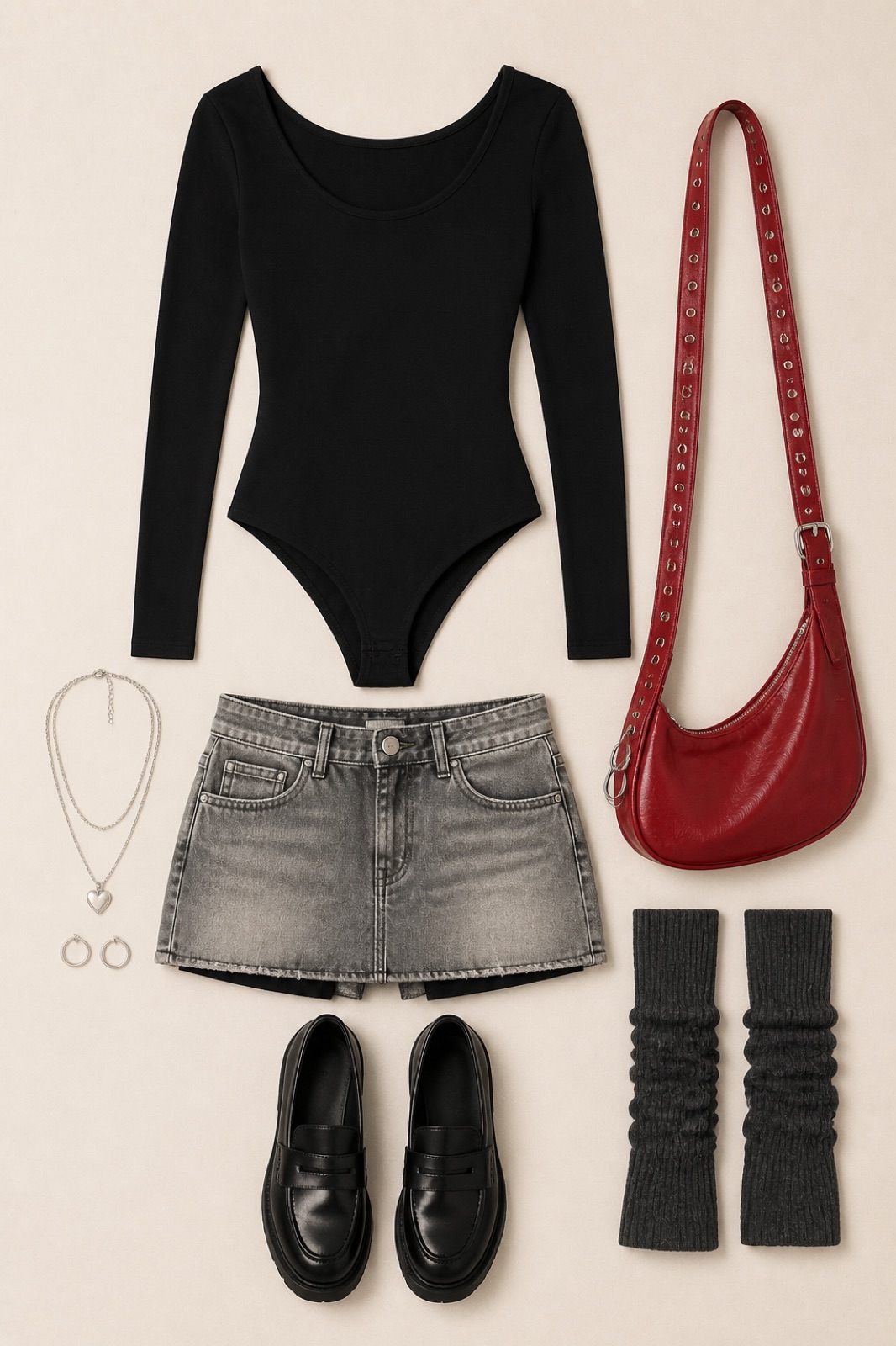 Outfit with Black Scoop Bodysuit, Grey Mini Skirt With Safety Shorts, Charcoal Leg Warmers curated by @dopasnap
