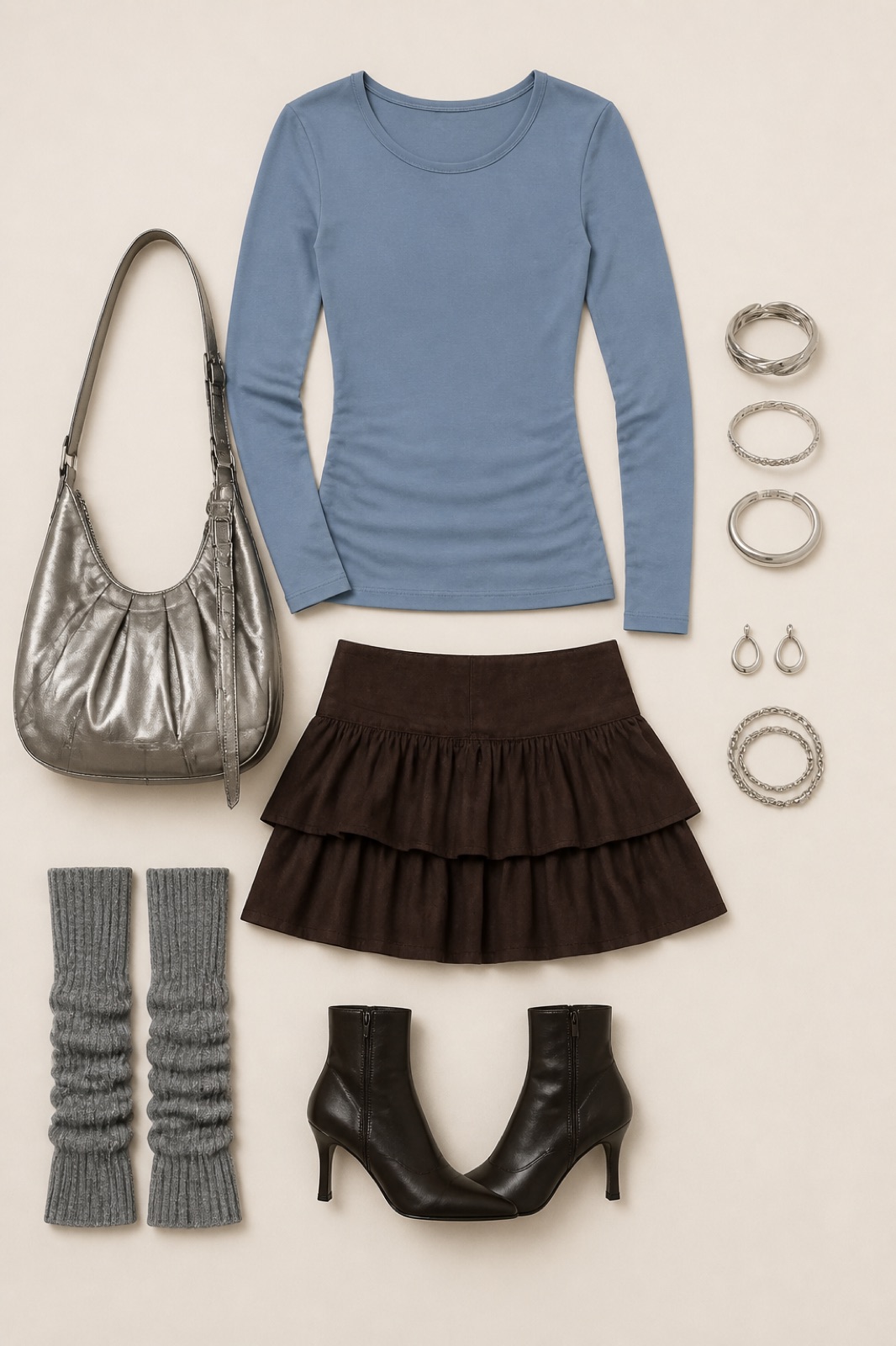 Outfit with Muted Blue Bodysuit, Chocolate Ruffled Mini Skirt, Grey Leg Warmers curated by @dopasnap
