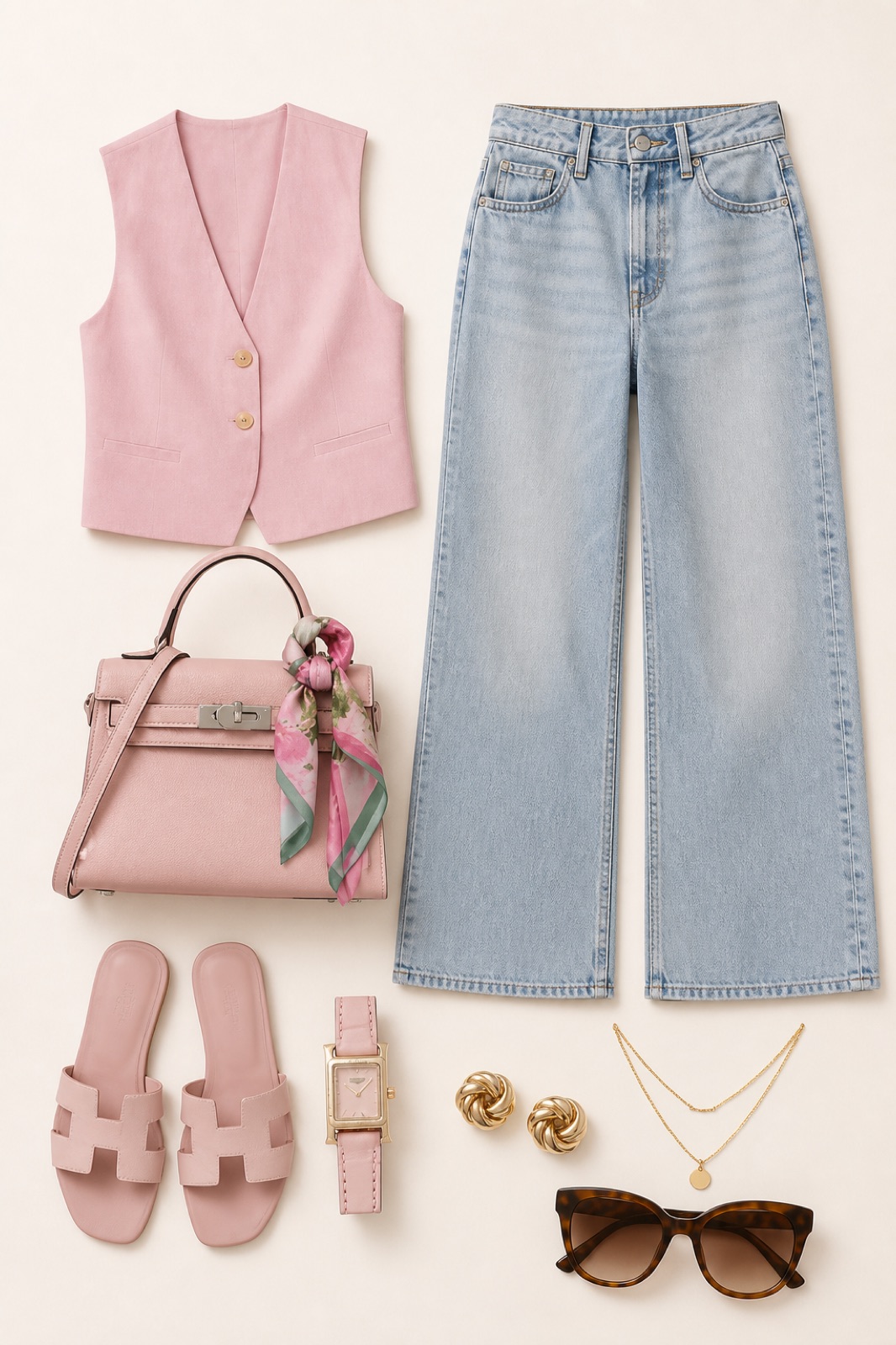 Outfit with Pink sleeveless V-neck button-front tailored vest, Light-wash high-waisted wide-leg jeans, Blush pink structured top-handle bag with printed scarf curated by @dopasnap