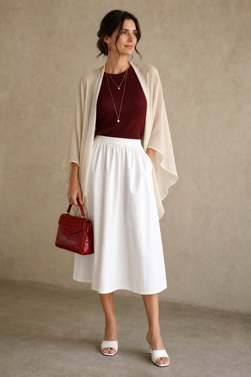 Outfit with Burgundy Ribbed Wool Sweater, White Cotton Midi Skirt, White Mule Heels curated by @dopasnap