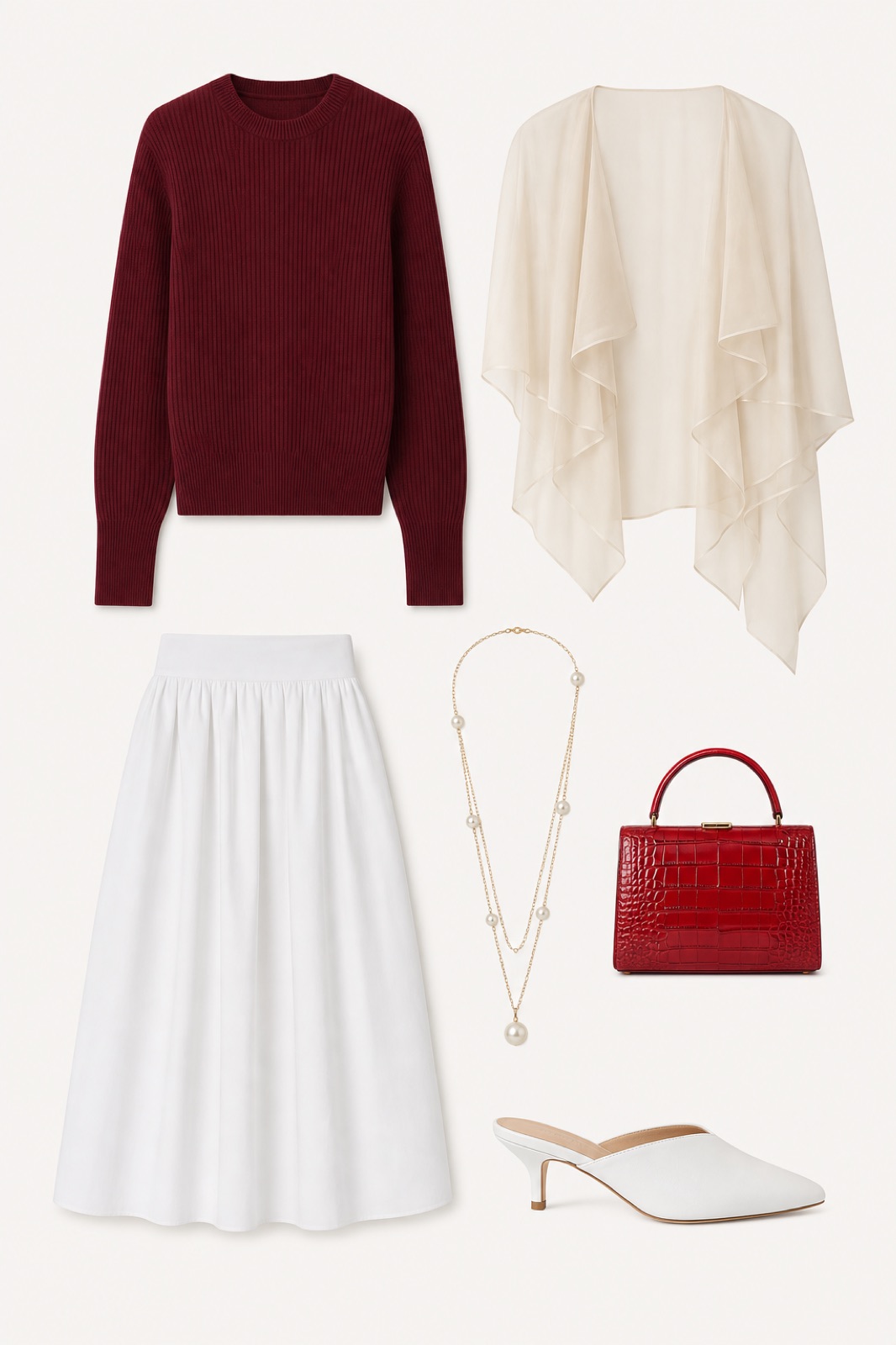 Outfit with Burgundy Ribbed Wool Sweater, White Cotton Midi Skirt, White Mule Heels curated by @dopasnap