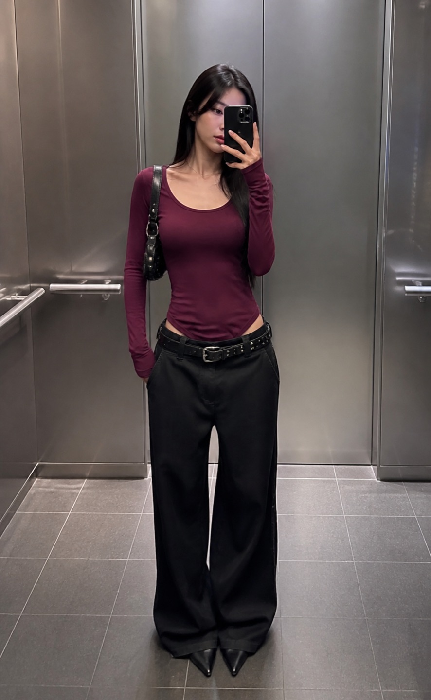 Outfit with Burgundy Scoop-Neck Bodysuit, Black Wide-Leg Trousers, Studded Belt curated by @dopasnap
