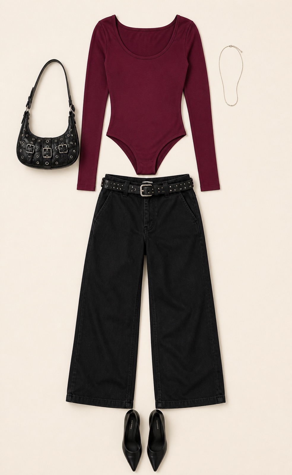 Outfit with Burgundy Scoop-Neck Bodysuit, Black Wide-Leg Trousers, Studded Belt curated by @dopasnap