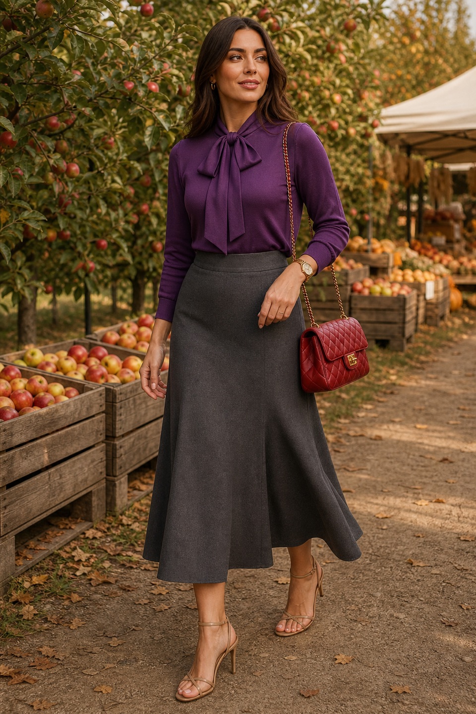Outfit with Purple Silk Pussy-Bow Sweater, Gray Midi Skirt, Strappy Heeled Sandals curated by @dopasnap