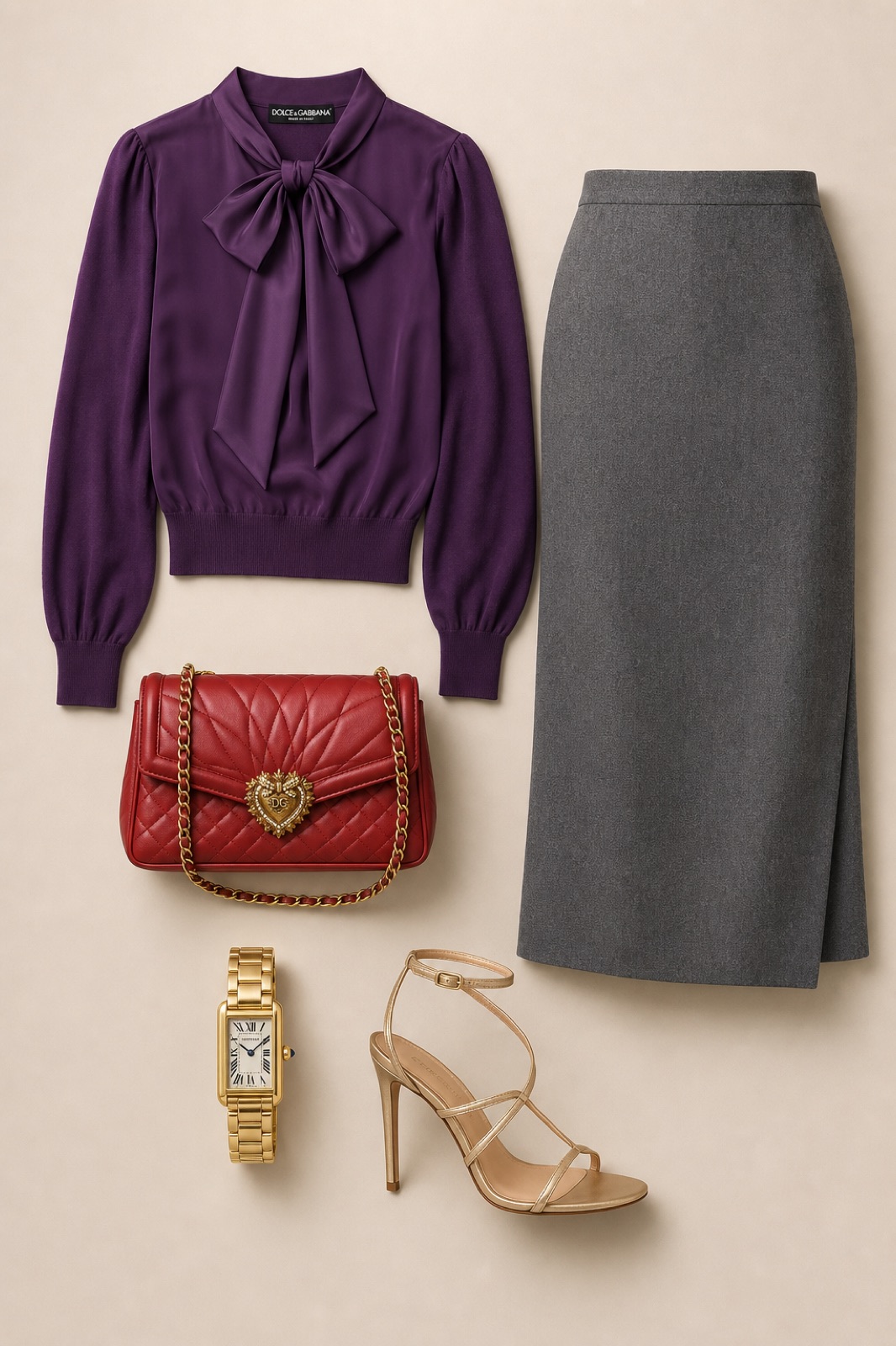 Outfit with Purple Silk Pussy-Bow Sweater, Gray Midi Skirt, Strappy Heeled Sandals curated by @dopasnap