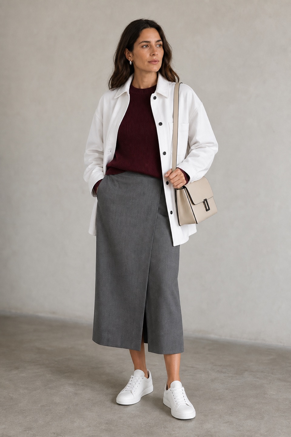 Outfit with Burgundy Ribbed Wool Sweater, Gray Midi Skirt, White Leather Low-Top Sneakers curated by @dopasnap