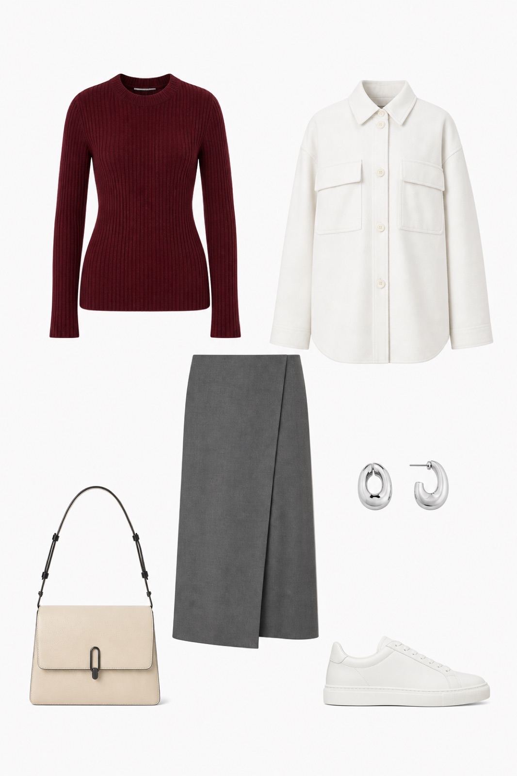 Outfit with Burgundy Ribbed Wool Sweater, Gray Midi Skirt, White Leather Low-Top Sneakers curated by @dopasnap