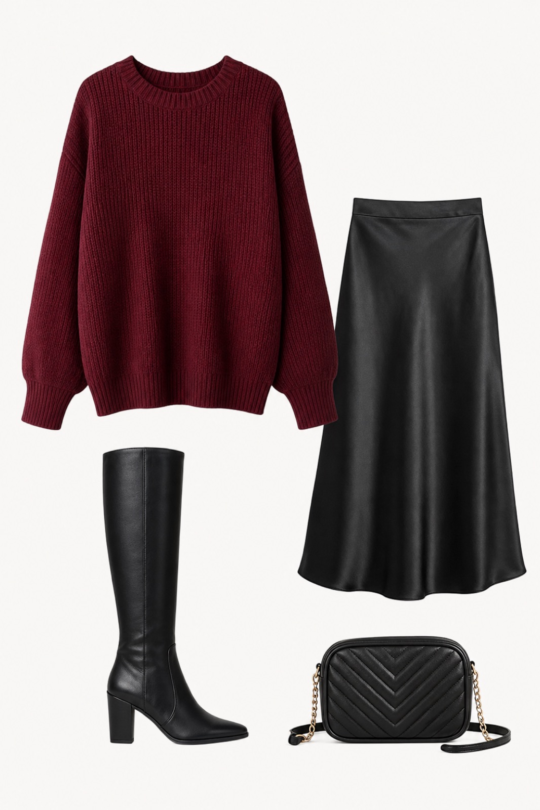 Outfit with Black Knee High Chunky Heel Boots Square Toe Tall Boots for Women, Women's Chunky Knit Oversized Pullover Sweaters, Small Quilted Crossbody Bag, Trendy Designer Shoulder Bag curated by @dopasnap