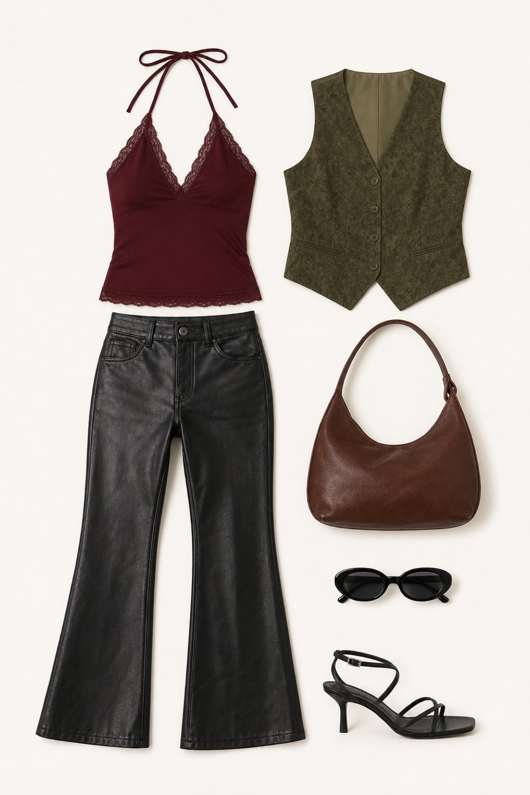 Outfit with burgundy lace-trim halter camisole top, Black Leather Flare Pants, Fancy vest Olive green curated by @dopasnap