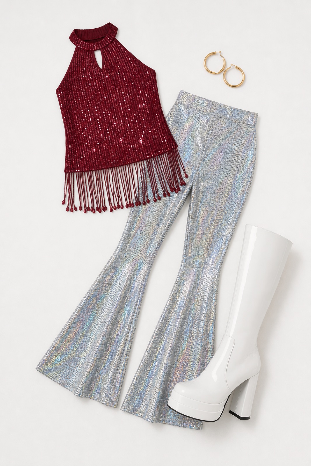 Outfit with Gold Women Polka Dot Striped Maxi Dress Spaghetti Strap A Line, 70s Women Disco Sequin Flare Pants Sparkly Bell Bottom, Auplus Halter Tops for Women 70's Disco Womens top Bachelorette curated by @dopasnap