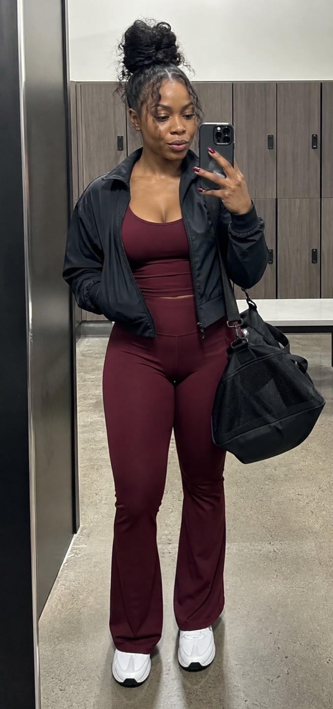 Outfit with Burgundy Yoga Flare Leggings curated by @dopasnap