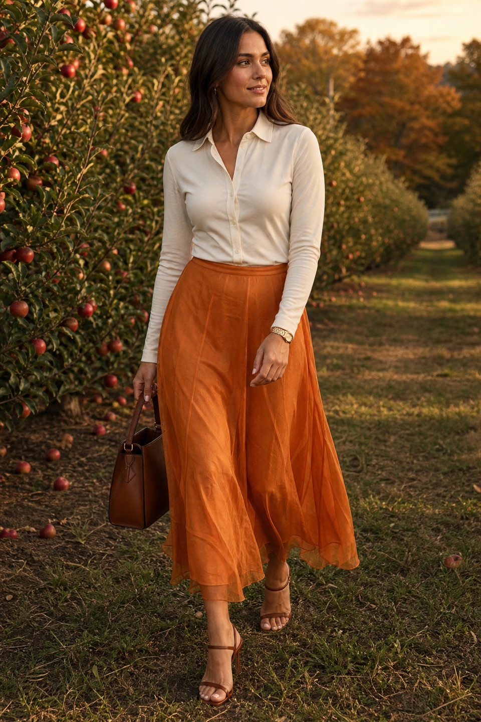 Outfit with Ivory Fitted Cotton-Silk Jersey Shirt, Orange Cupro and Silk Organza Skirt, Brown 85 Heel Sandal curated by @dopasnap