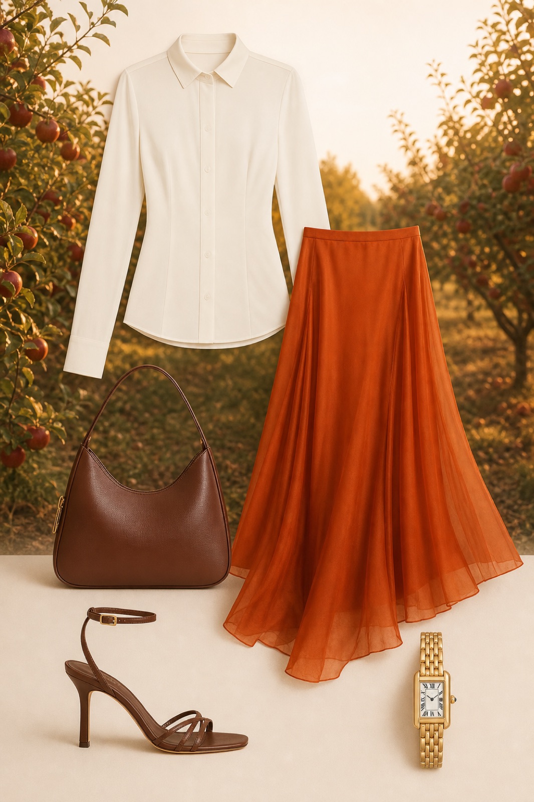Outfit with Ivory Fitted Cotton-Silk Jersey Shirt, Orange Cupro and Silk Organza Skirt, Brown 85 Heel Sandal curated by @dopasnap