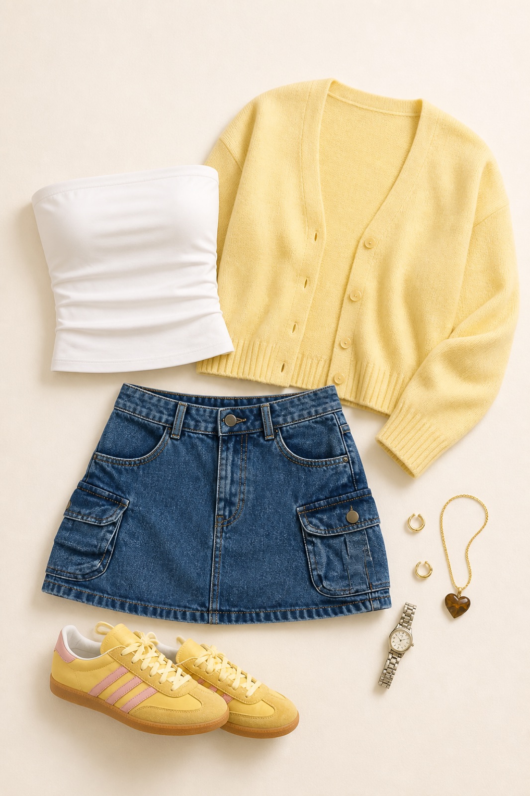 Outfit with Relaxed butter-yellow button-front cardigan, Fitted white strapless tube top, Medium-wash denim cargo mini skirt curated by @dopasnap