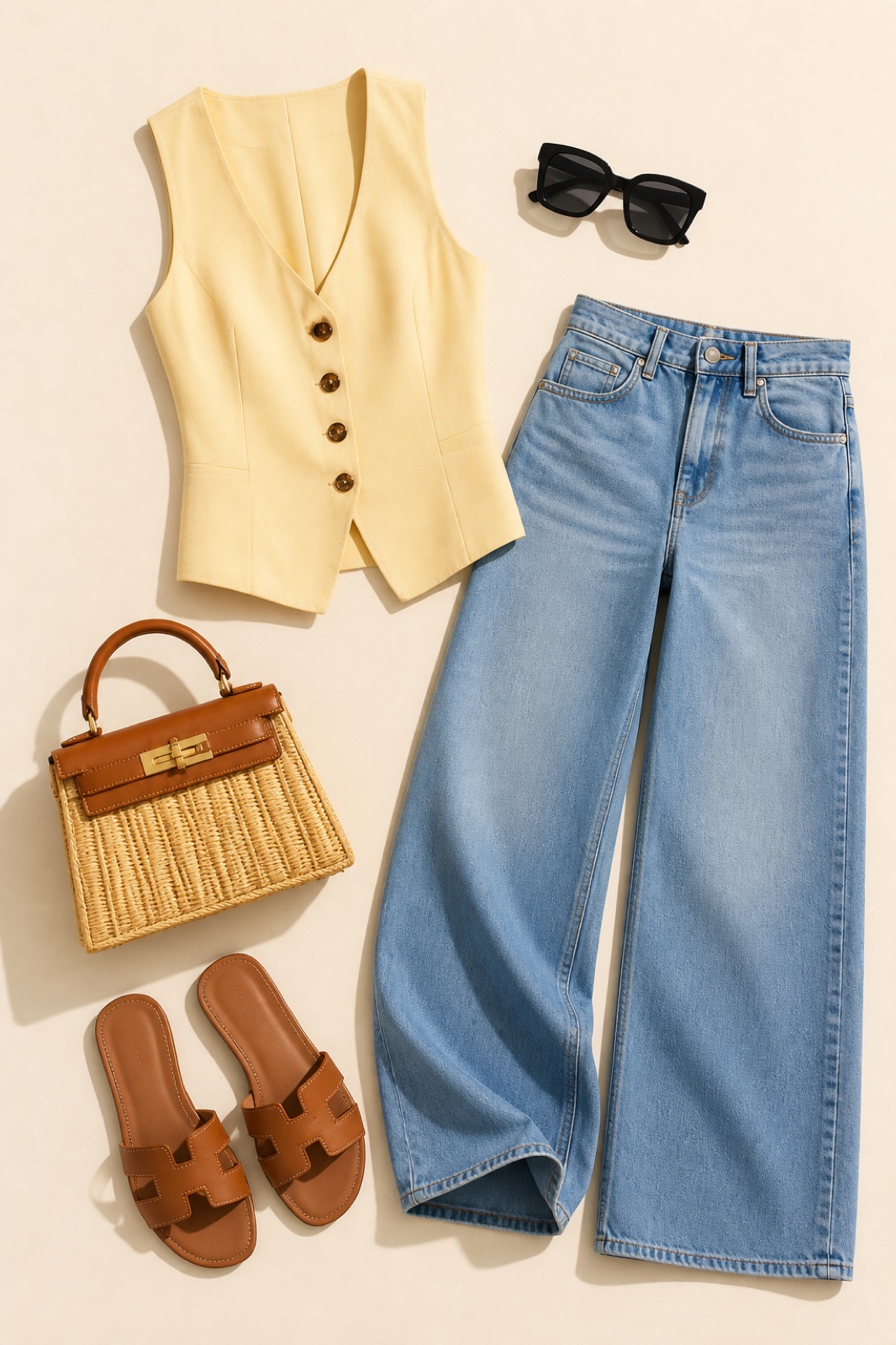 Outfit with Butter-yellow sleeveless button-front tailored vest, Light-wash low-rise ultra-wide-leg jeans, Structured raffia top-handle bag with cognac leather trim curated by @dopasnap