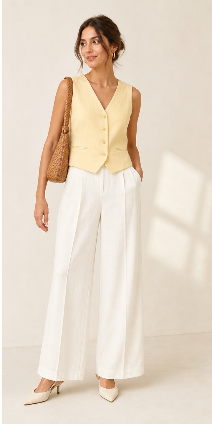 Outfit with Butter-yellow sleeveless tailored vest, Ivory wide-leg trousers, Tan woven shoulder bag curated by @dopasnap