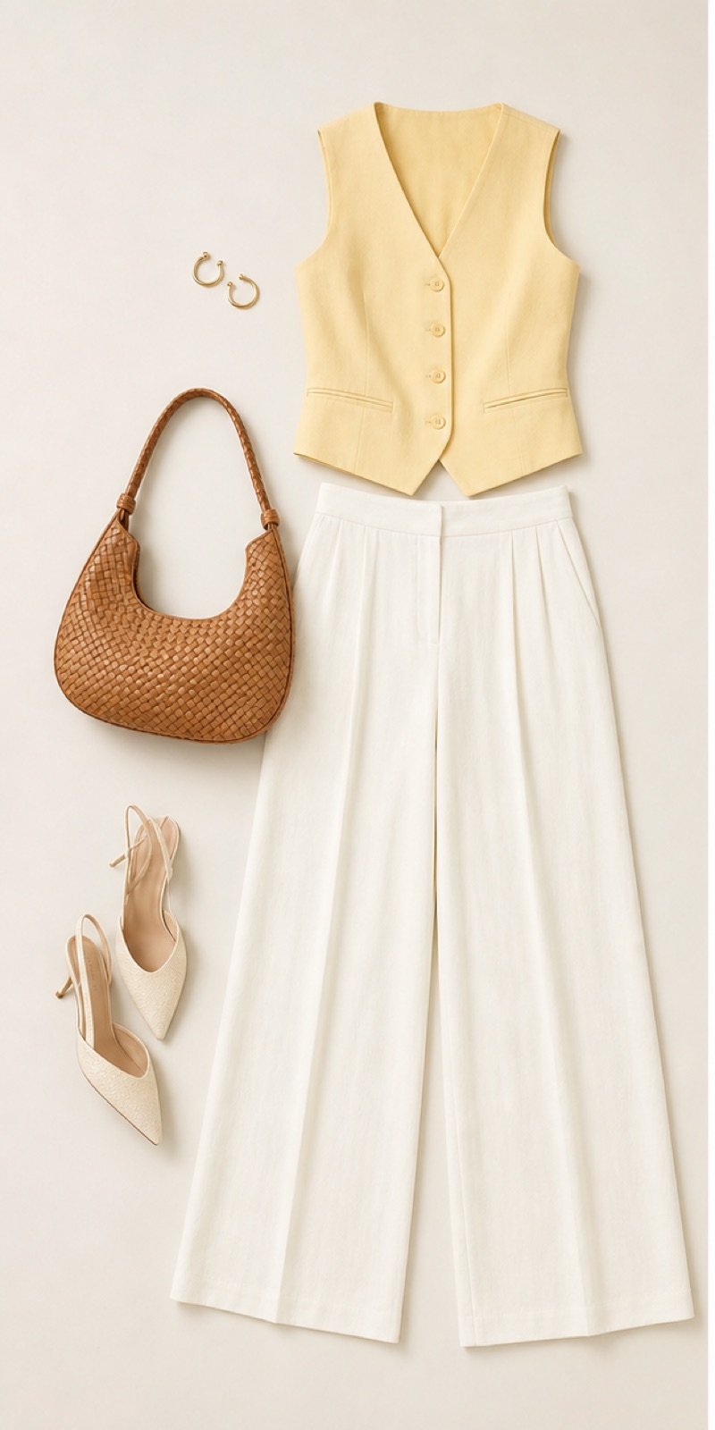Outfit with Butter-yellow sleeveless tailored vest, Ivory wide-leg trousers, Tan woven shoulder bag curated by @dopasnap