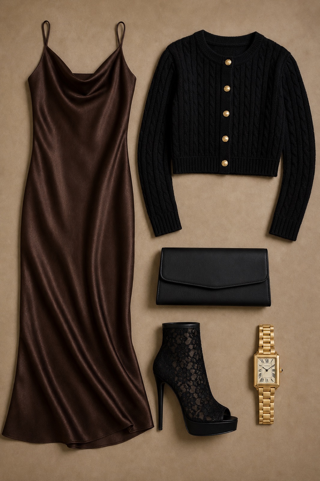 Outfit with Brown Espresso satin slip dress, Black Gold-Button Cropped Cable Cardigan, black lace peep-toe platform ankle boots curated by @dopasnap