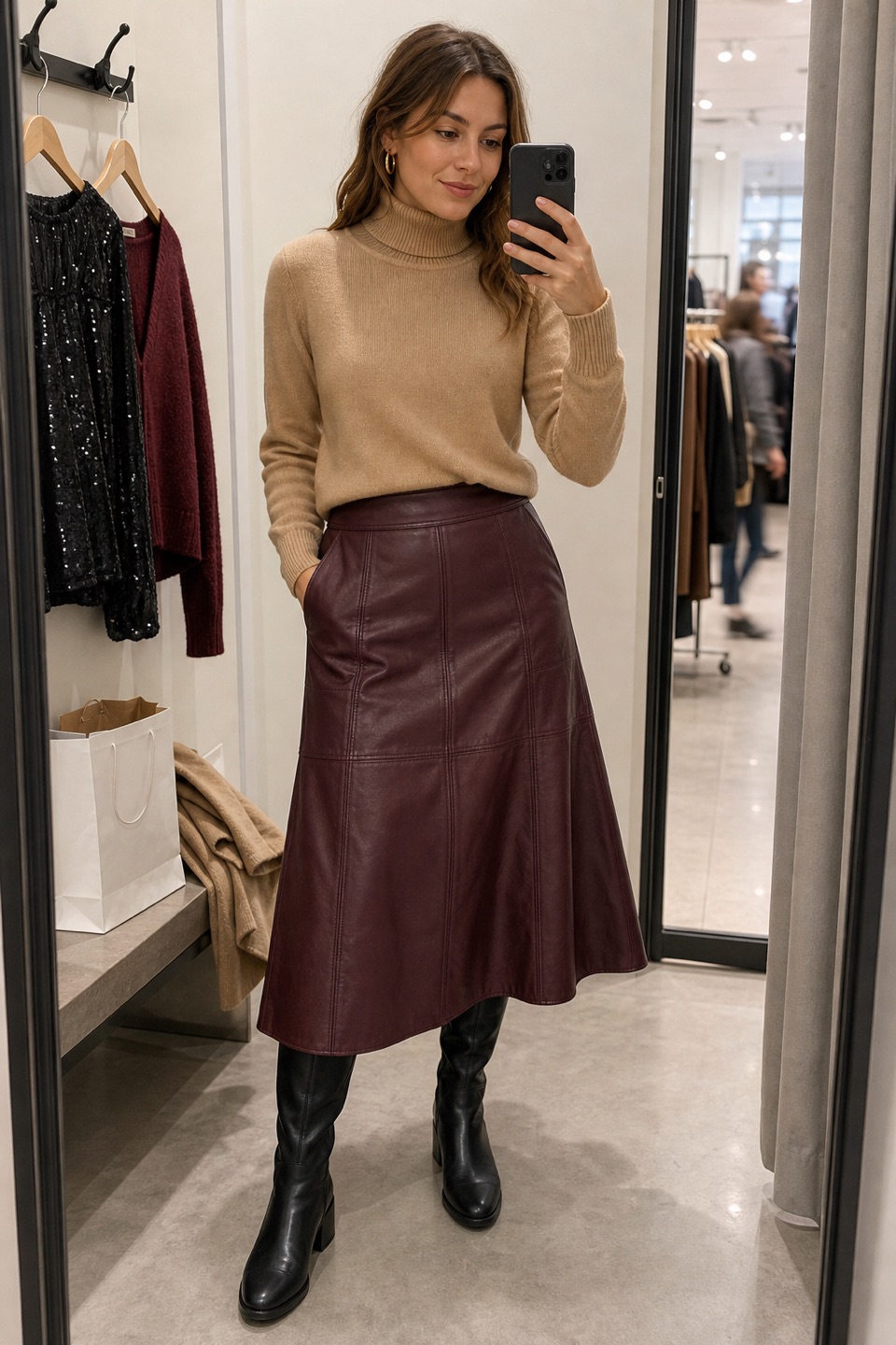 Outfit with 14K Gold Hoop Earrings Black and Gold Earrings for Women, Women's Knee High Riding Tall Boots, Burgundy Women Faux Leather Midi Skirt High Waist Vegan Leather curated by @dopasnap