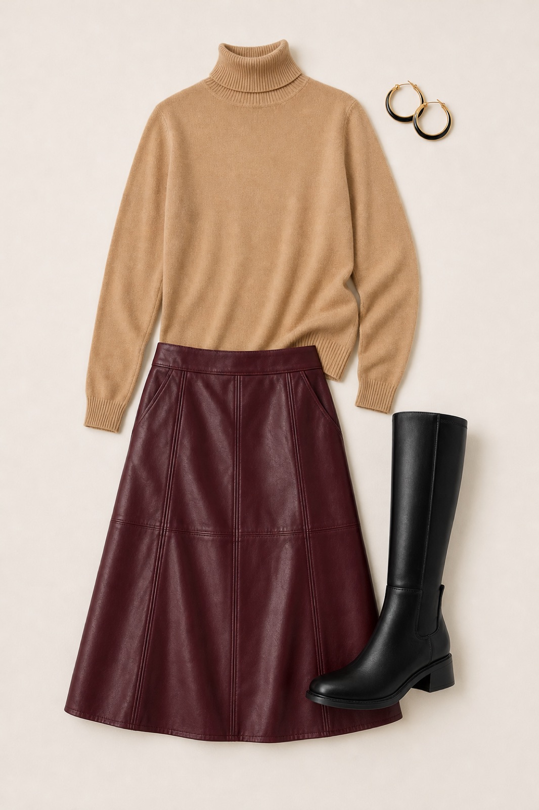 Outfit with 14K Gold Hoop Earrings Black and Gold Earrings for Women, Women's Knee High Riding Tall Boots, Burgundy Women Faux Leather Midi Skirt High Waist Vegan Leather curated by @dopasnap