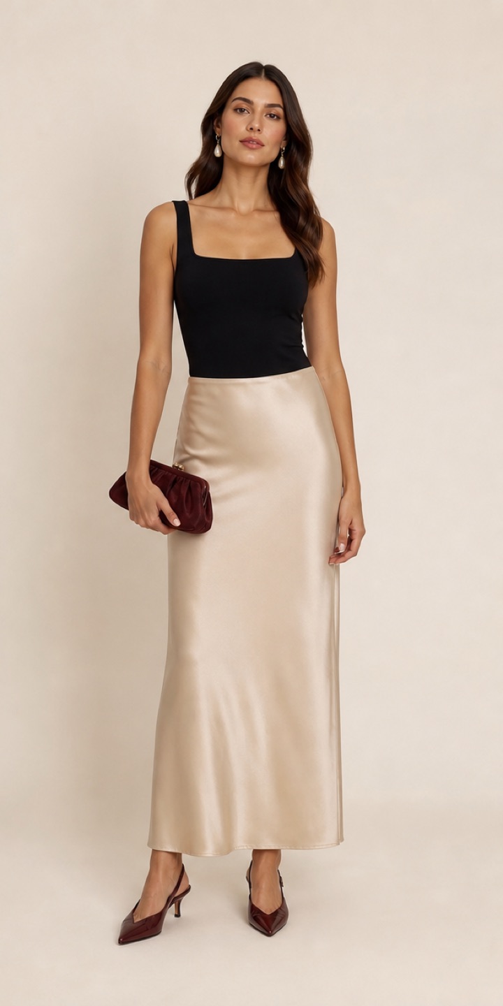 Outfit with Black square-neck bodysuit, Champagne satin column skirt, Burgundy kitten heels curated by @dopasnap