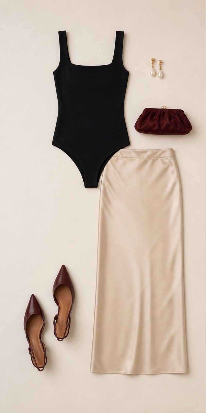 Outfit with Black square-neck bodysuit, Champagne satin column skirt, Burgundy kitten heels curated by @dopasnap