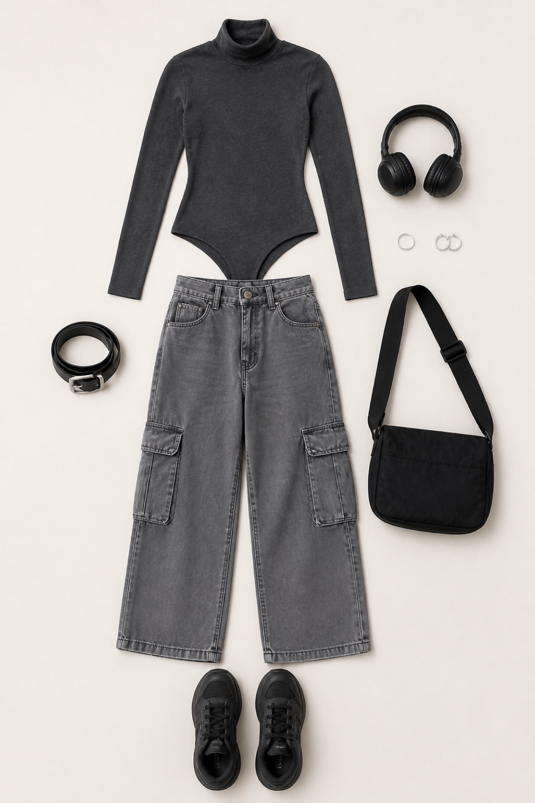 Outfit with Charcoal Mock-Neck Bodysuit, Grey Cargo Trousers, Black Belt curated by @dopasnap