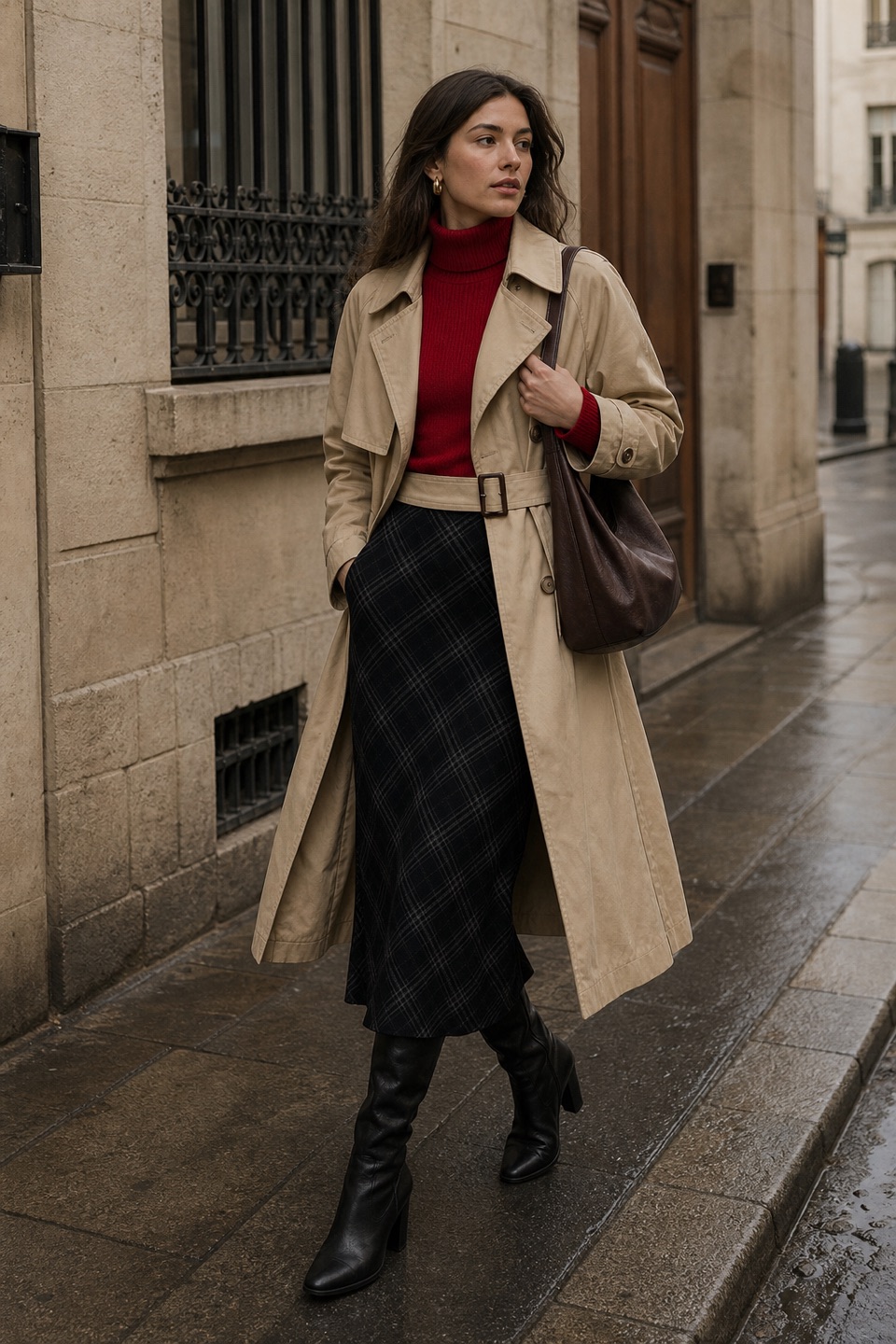 Outfit with Brown Hobo Purses and Handbags for Women, Beige Women's Cropped Trench Coat Double Breasted Short Jacket High, Women's Slim-Fit Lightweight Long-Sleeve Ribbed Turtleneck Sweater curated by @dopasnap