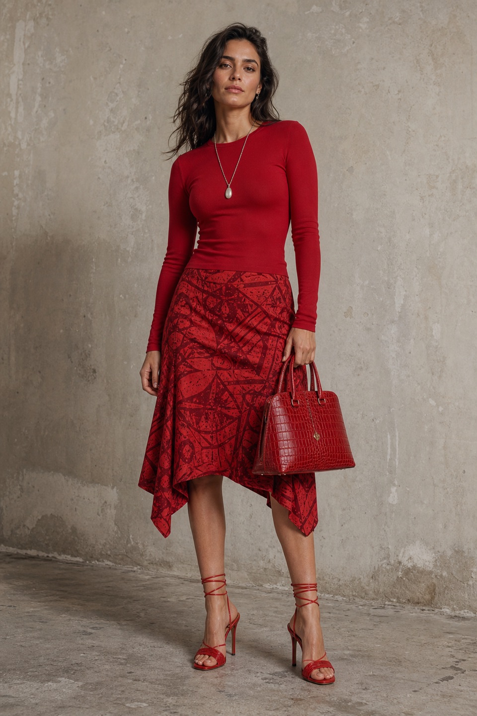 Outfit with Red Cashmere Bodysuit, Red Printed Cotton Skirt, Red Lace-Up Heeled Sandals curated by @dopasnap