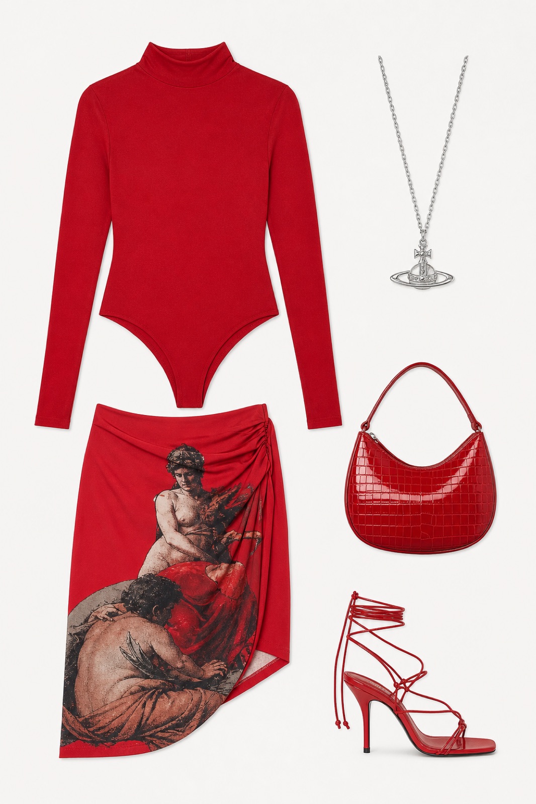 Outfit with Red Cashmere Bodysuit, Red Printed Cotton Skirt, Red Lace-Up Heeled Sandals curated by @dopasnap