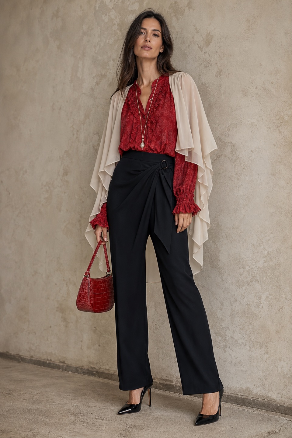 Outfit with Red Blouse, Black Trousers, Black Metallic Stiletto Pumps curated by @dopasnap