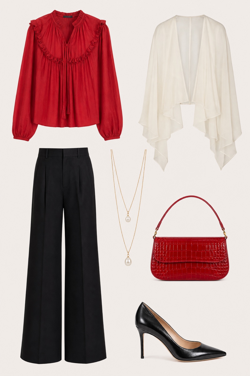 Outfit with Red Blouse, Black Trousers, Black Metallic Stiletto Pumps curated by @dopasnap