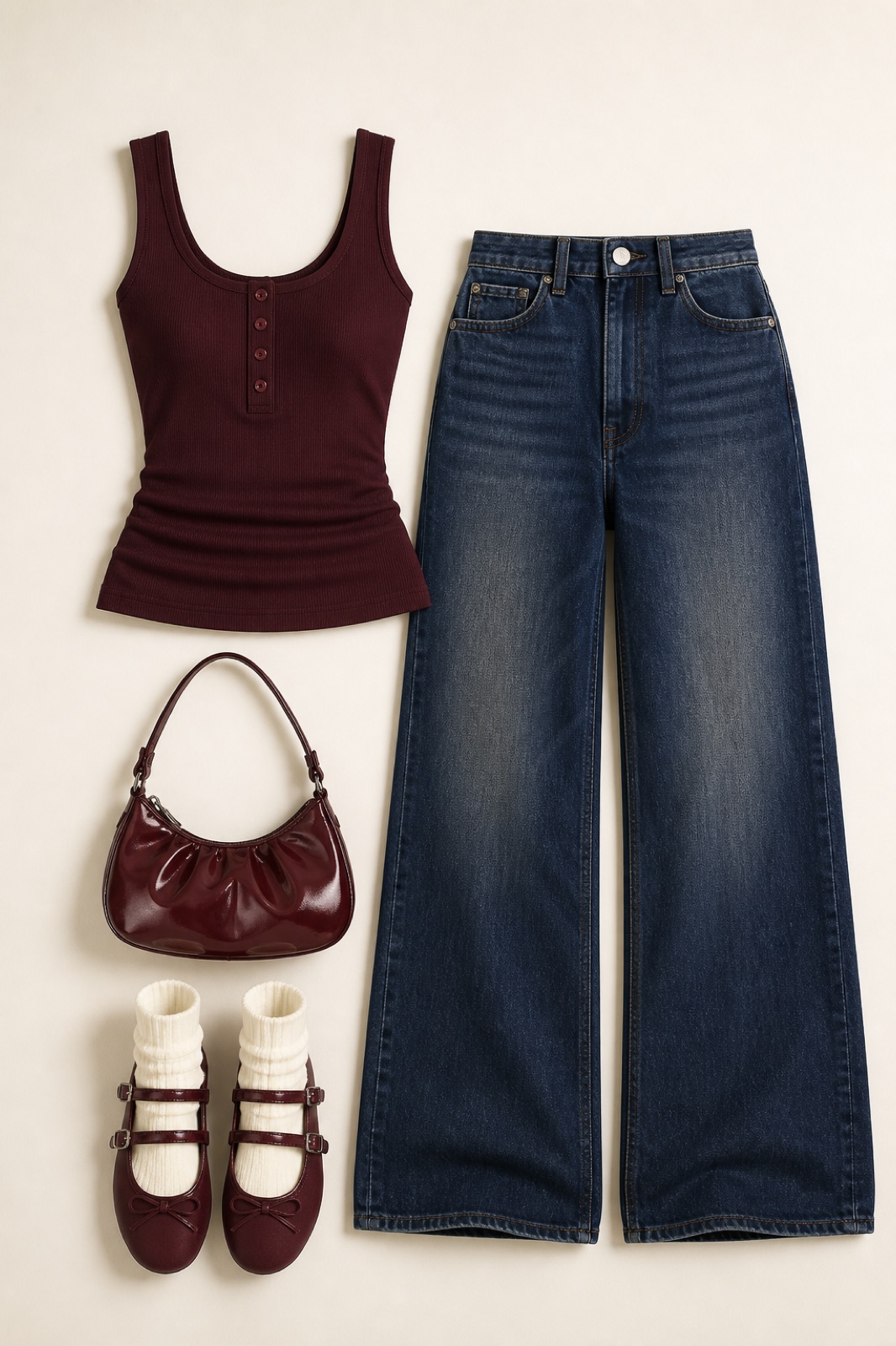 Outfit with Burgundy scoop-neck sleeveless henley tank, Dark-wash full-length wide-leg jeans, Glossy burgundy crescent shoulder bag curated by @dopasnap